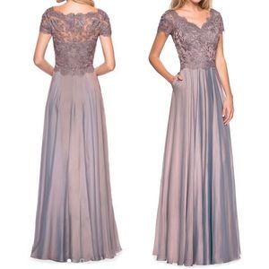 La Femme Embroidered Lace & Chiffon A-Line Gown